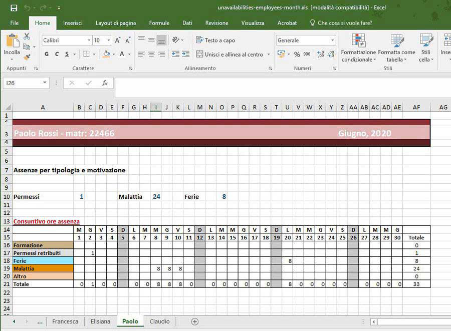 Tabella mensile delle assenze e ferie in Excel