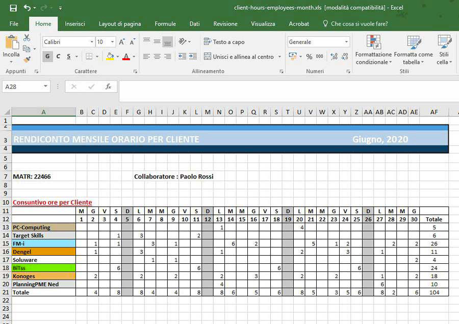 Tabella Excel per Cliente