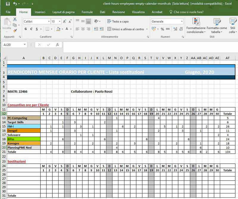 Tabella oraria mensile