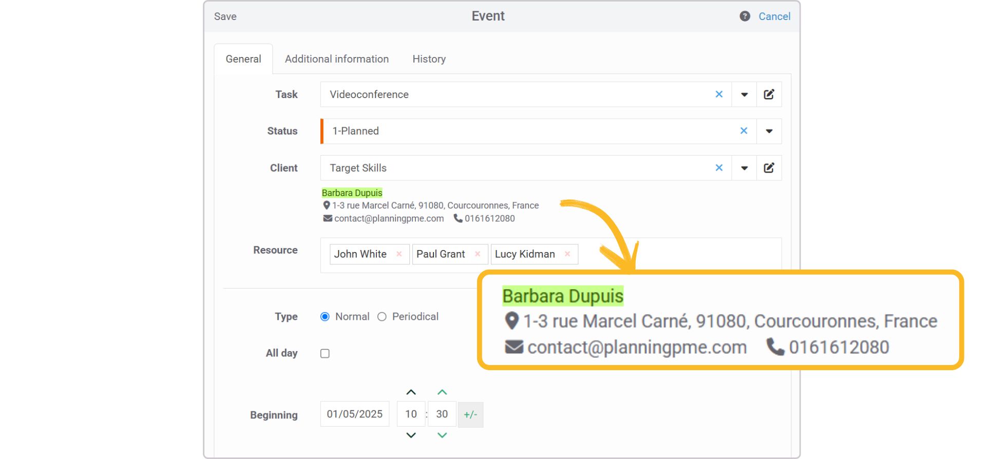 Esempio di didascalia personalizzata in PlanningPME