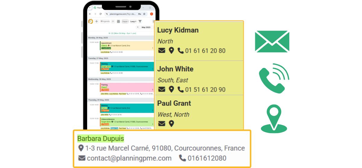 Icone cliccabili per numero di telefono, e-mail e indirizzo