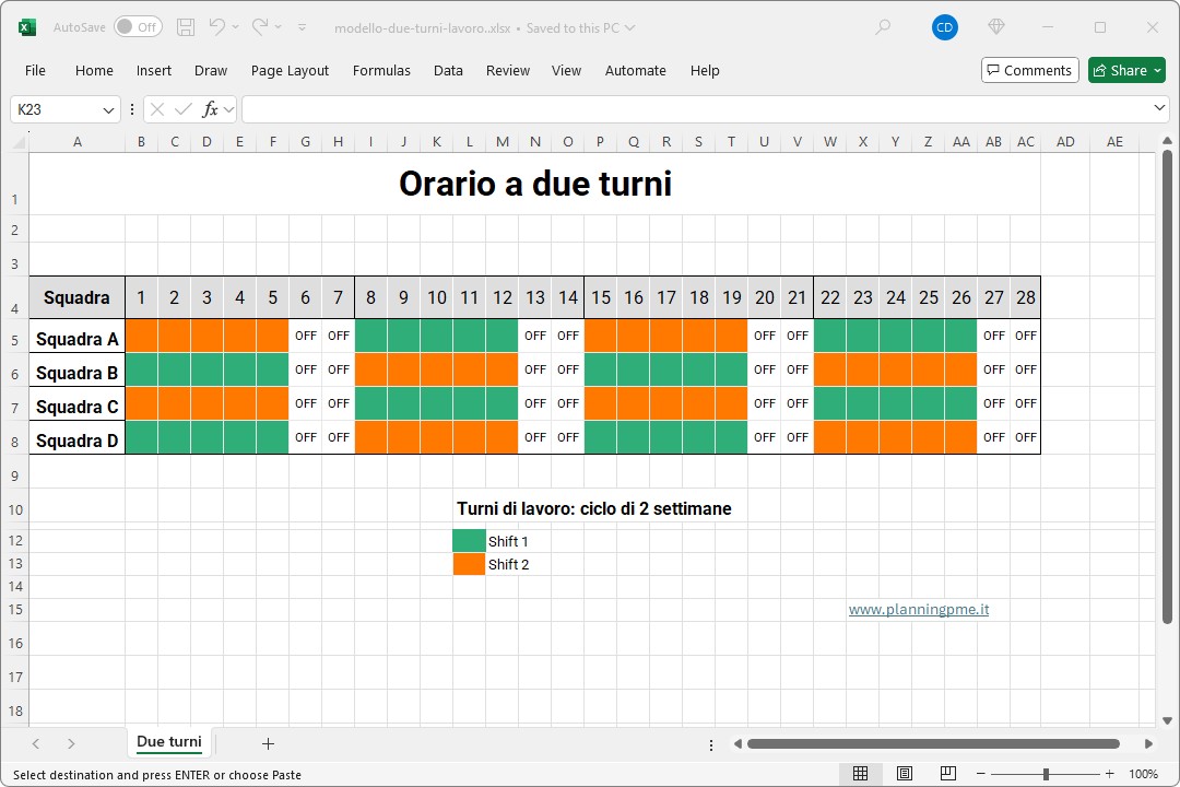 Modello di pianificazione rotante su due turni di lavoro di Excel