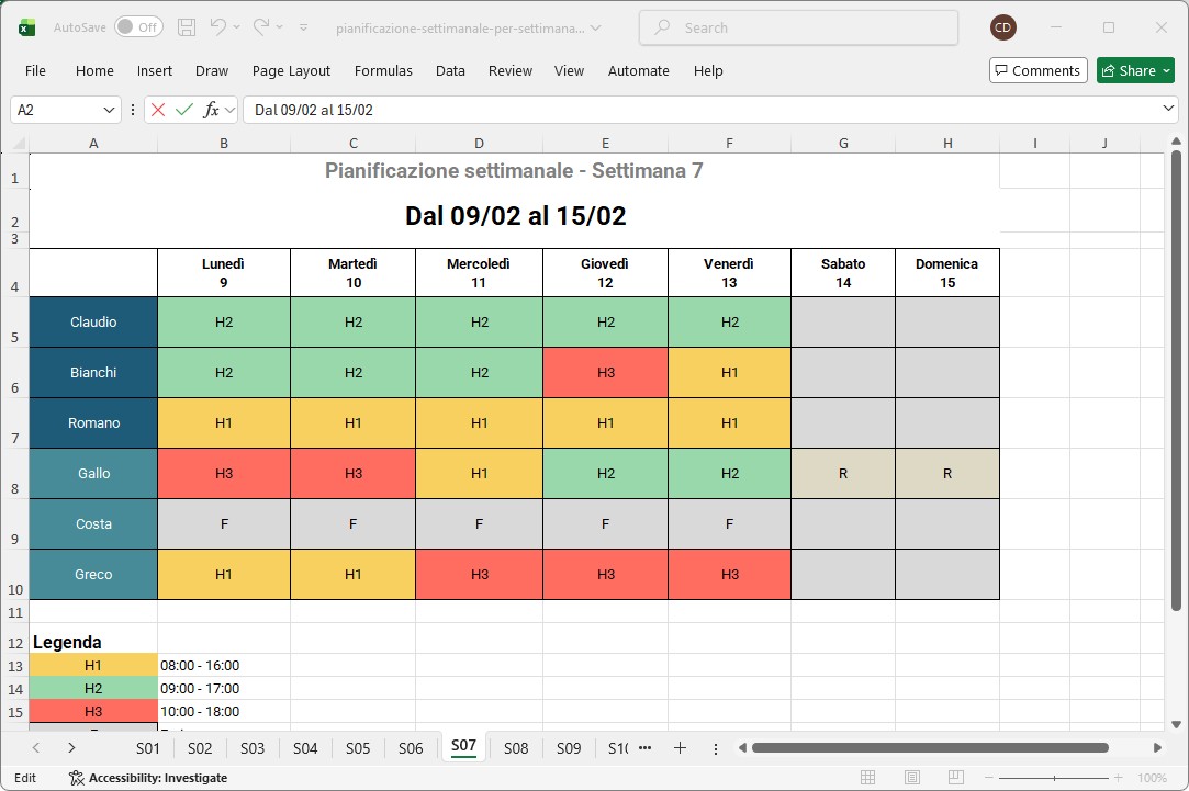 Esempio di programma settimanale in Excel